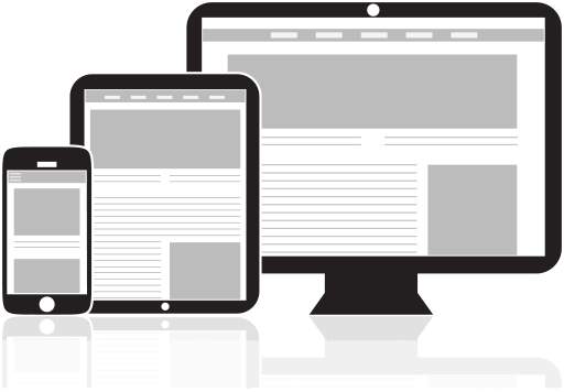 Illustration depicting a responsive website on a cell phone, tablet, and desktop monitor.